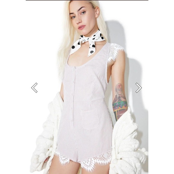 For Love & Lemons Emmy Sleep Romper Brown Seersucker and Lace Size Small - Picture 1 of 16